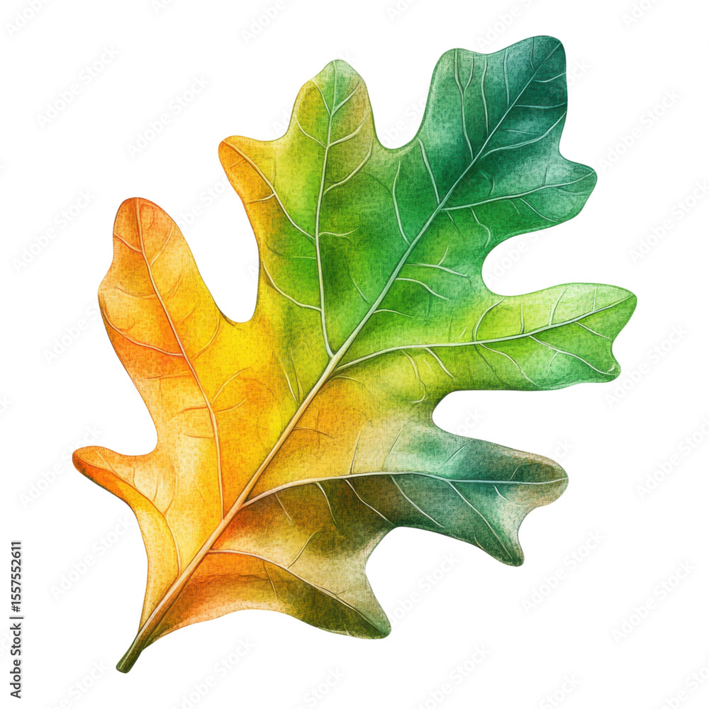 Fototapeta premium Abstract oak leaf with vibrant gradient colors transitioning from orange to green, showcasing modern and artistic design with high detail and texture