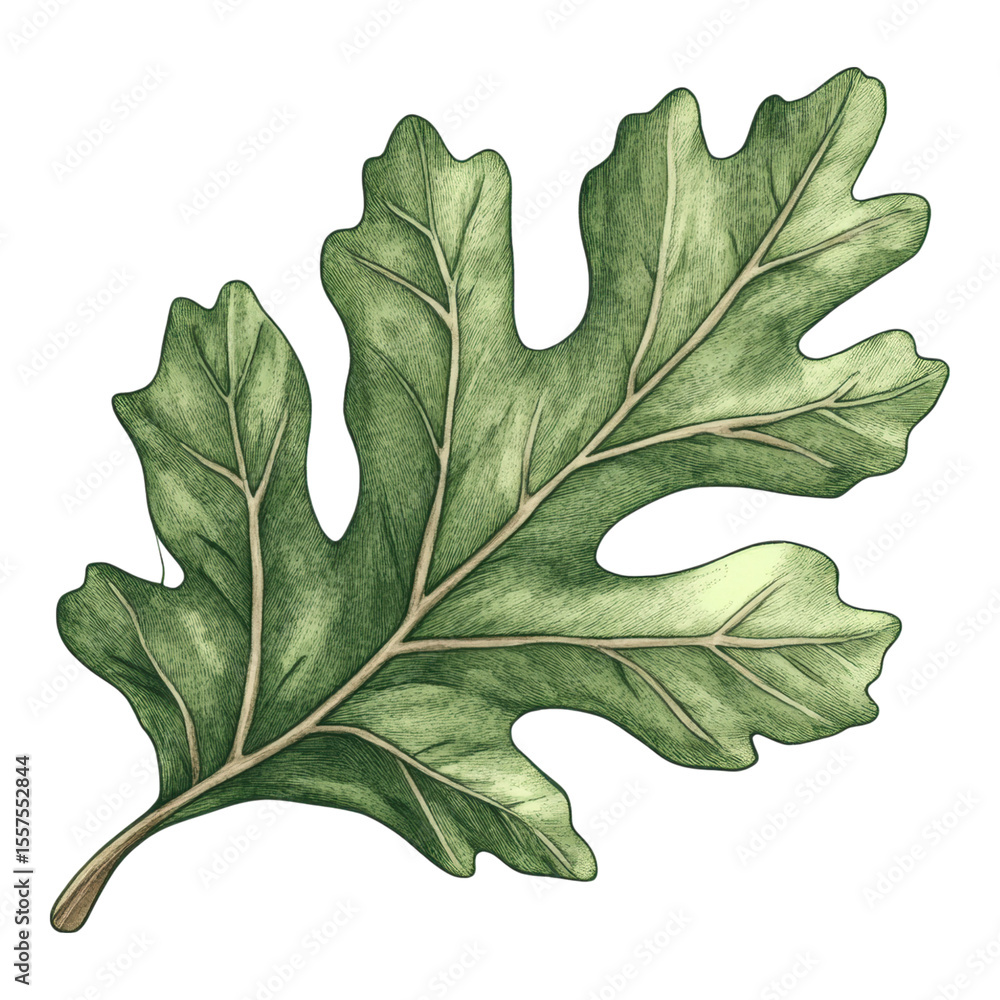 Fototapeta premium Detailed illustration of green oak leaf with visible veins, showcasing botanical accuracy and high fidelity in texture and shading. leaf has natural and realistic appearance