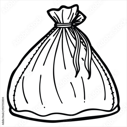 A simple black and white line drawing of a closed drawstring bag suggesting a gift a collection of items or a secret stash