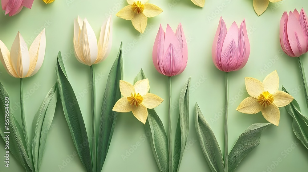 Obraz premium Paper Flowers Spring Tulips Daffodils Pastel Green Background