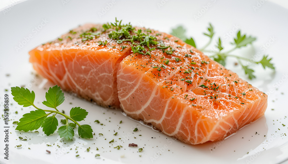 Fresh salmon fillet lies attractively with herbs ready to cook for a delicious and healthy meal on a white plate. Fresh salmon fillet lies attractively with herbs ready to cook for a delicious and healthy meal on a white plate.