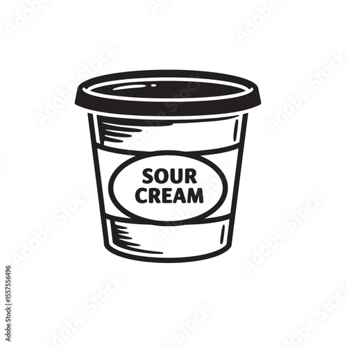 Black and white illustration of a sour cream container featuring a vintage art silhouette perfect for food branding and culinary design.
