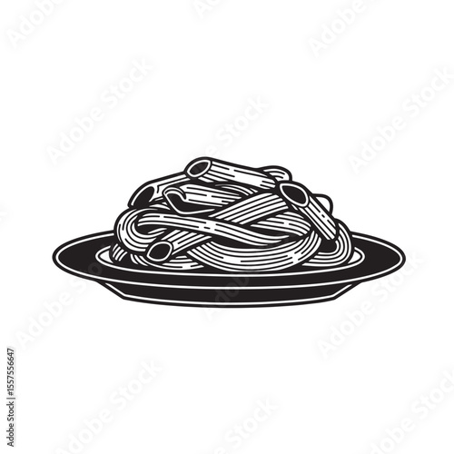 Classic italian pasta penne served on a plate a vintage art silhouette featuring delicious food in a black and white vector illustration