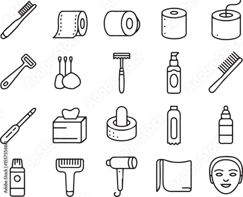 Bathroom Essentials Line Art: Minimalist line art illustration of common bathroom accessories, each drawn with clean, simple lines to convey a sense of utility and hygiene.
