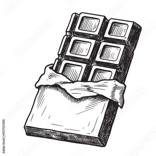 Delicious hand-drawn vintage art silhouette illustration of a chocolate bar unwrapped from its packaging ready for consumption