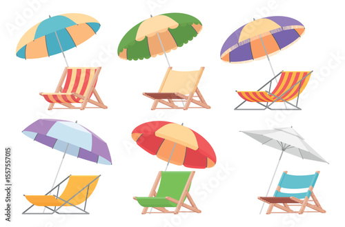A set of beach chairs with umbrellas featuring vibrant colors and designs, perfect for lounging by the ocean or pool on a sunny day.