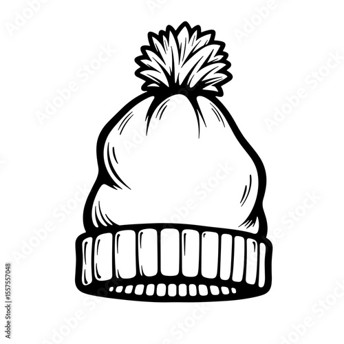 Line art wool beanie with pom pom, winter fashion illustration