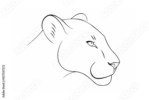 Elegant minimalist black and white contour drawing of a lioness head profile