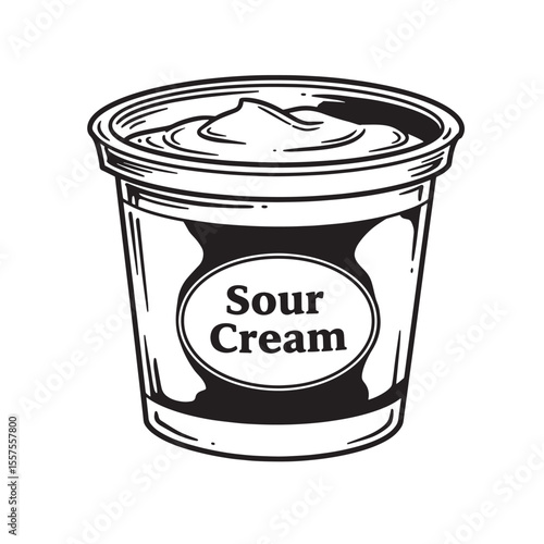 Detailed vintage art silhouette illustration of a container filled with fresh creamy sour cream for culinary cooking and tasty recipe preparations.