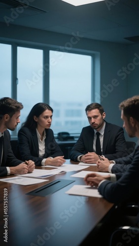 Business professionals engaged in a meeting around a conference table.