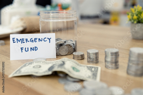 Clear jar marked emergency fund with stacked coins, folded dollar bills, and loose change on wooden table.
