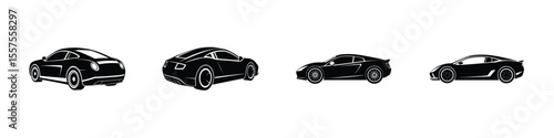 Minimal depiction of a sleek sports car 3/4 rear view sliding Flat Silhouette on White Background