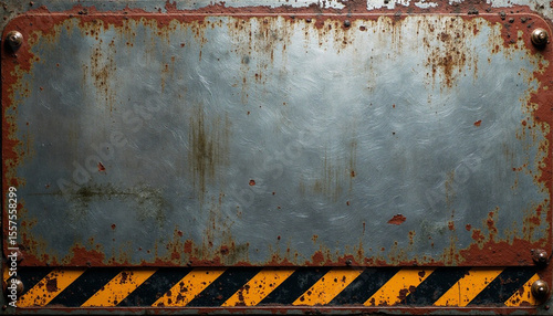 Heavily corroded metallic surface with caution striped design, weathered industrial backdrop with