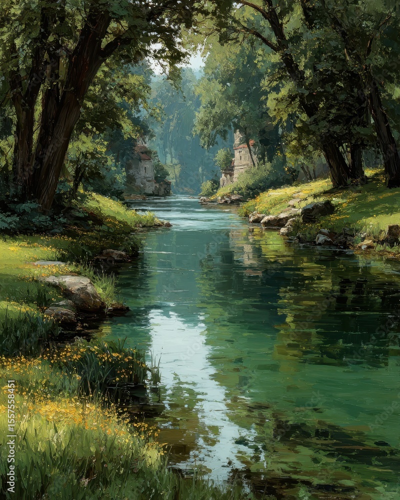 Fototapeta premium Tranquil river flowing through lush greenery, framed by trees