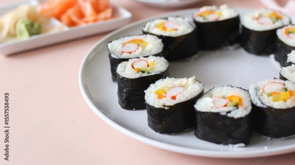 Sushi rolls arranged beautifully on a plate. Sushi rolls arranged beautifully on a plate.