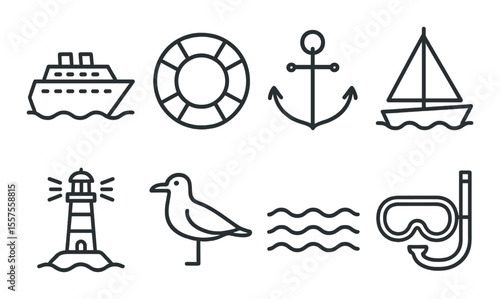 Nautical adventure icons set – outline, marine and ocean voyage symbols