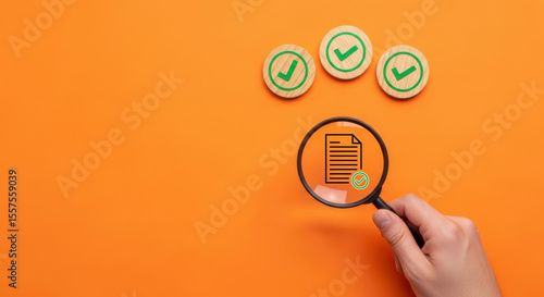 Document check verification approval process audit compliance confirmation with magnifying glass and checkmarks