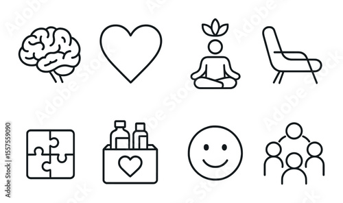 Mental health care icons set – linear, wellness and self-care symbols