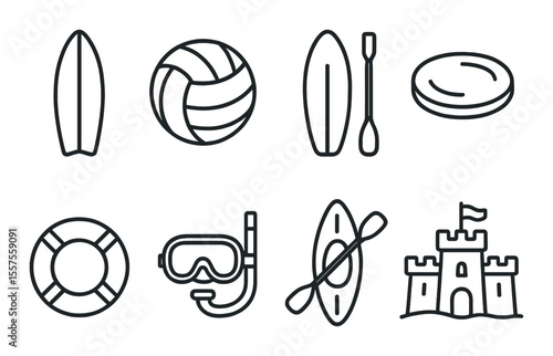 Beach sports icons set – outline, seaside activities and aquatic fun design elements