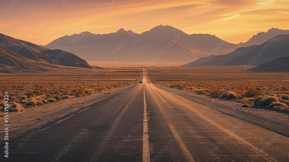 Fototapeta premium Vast desert road under a colorful sunset sky.