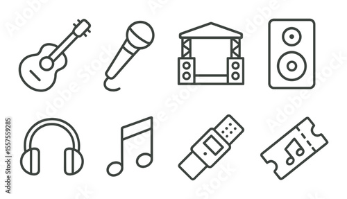 Music festival essentials icons set – outline, concert and event symbols