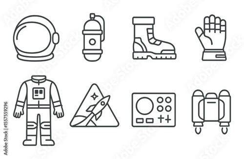 Astronaut gear icons set – outline, space exploration and equipment symbols