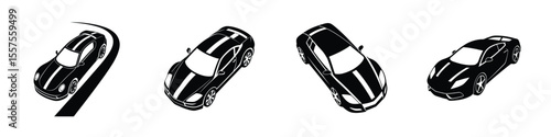 Bird�s-Eye View of Sculpted Sports Car Cruising Along Road Flat Silhouette on White Background