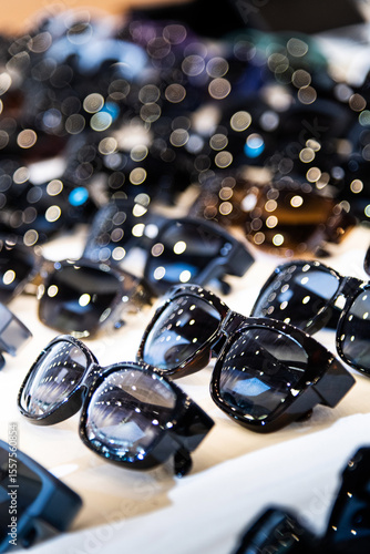 Many sunglasses are displayed in the store