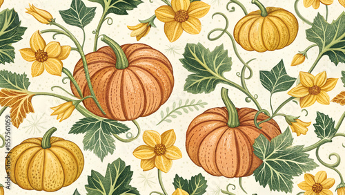 Seamless pattern vector illustration of pumpkins with yellow flowers and fresh green leaves.