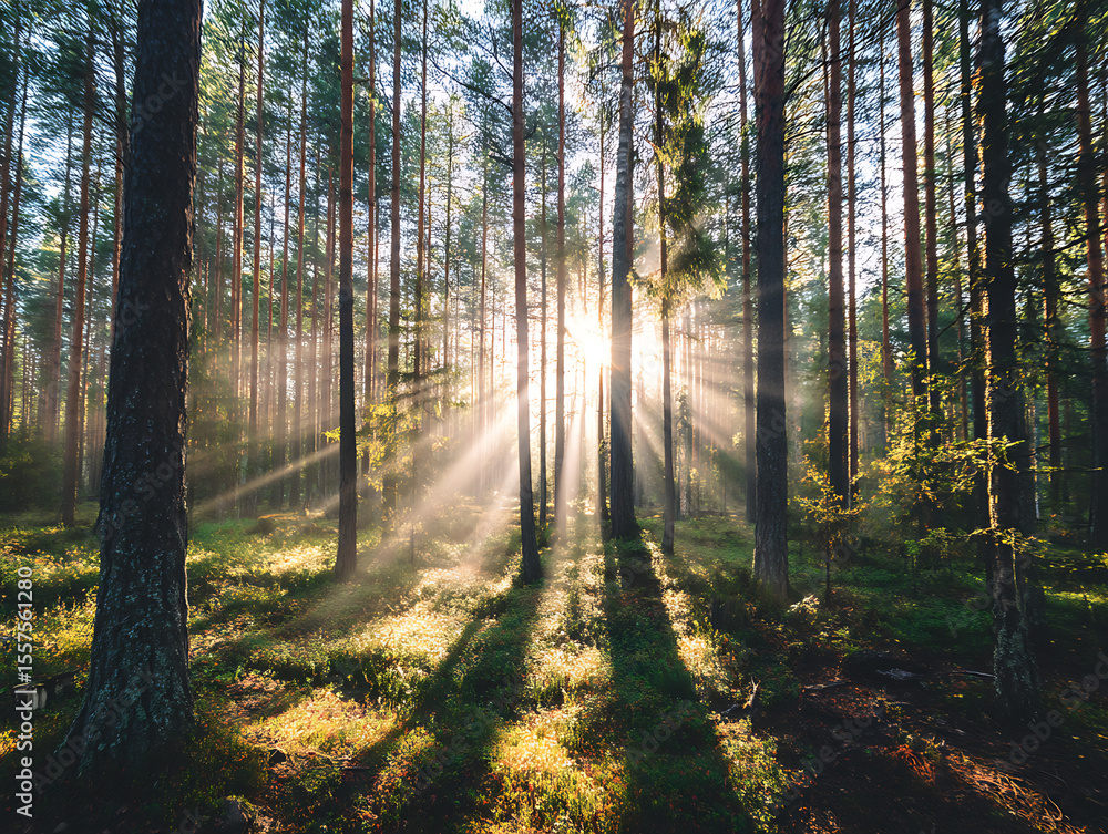 Fototapeta premium Sunbeams streaming through majestic pine forest
