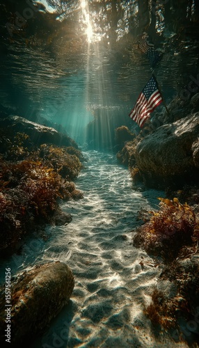 Underwater scene with American flag illuminated by sunlight