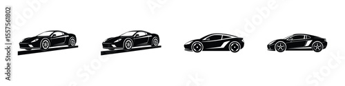 Minimal Flat Artwork of Elegant Sports Car Gliding Along Highway Silhouette on White Background