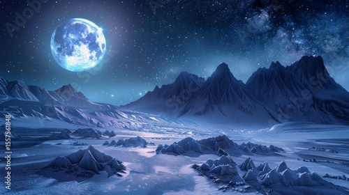 Stunning snowy mountain landscape under moonlight.