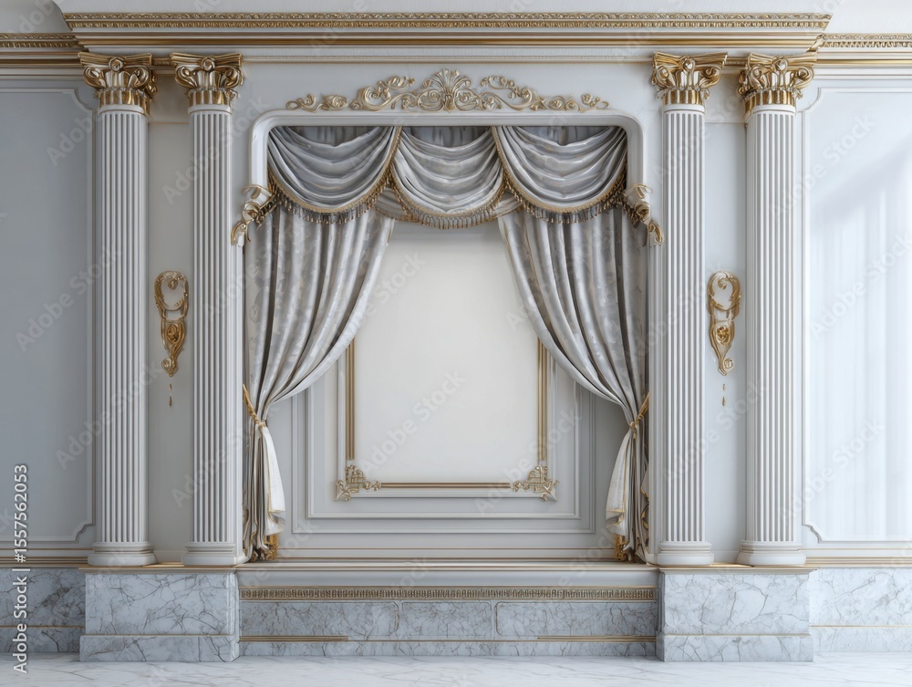 Obraz premium The room features a white wall with a gold frame and white curtains. The curtains are draped over the wall, creating a sense of depth and elegance. The frame is ornate