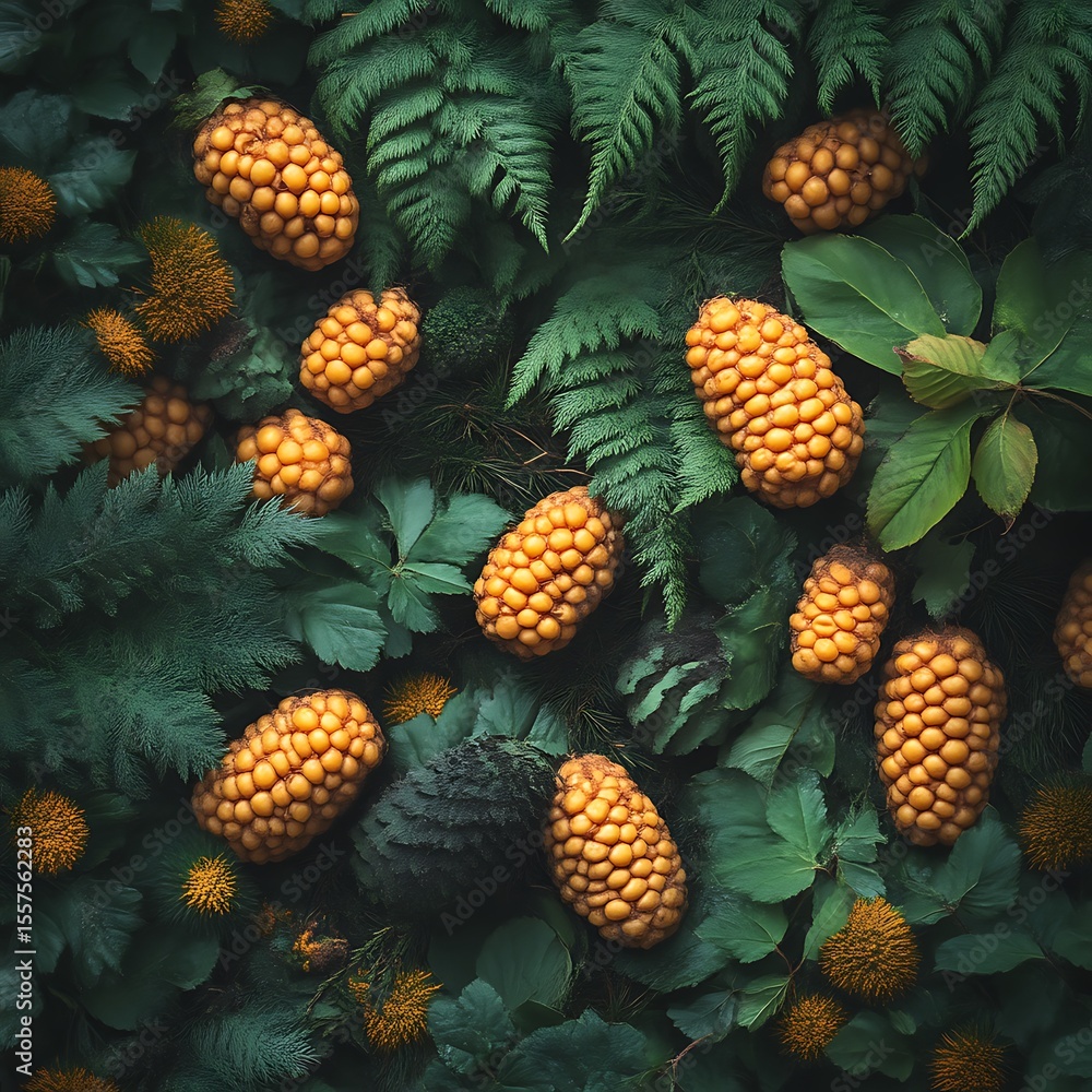 Golden Cones Amidst Lush Foliage Golden Cones Amidst Lush Foliage
