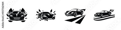 Front view of a refined sports car tearing down track Silhouette on White Background