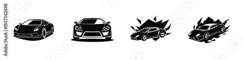 Modern depiction of a sleek sports car skidding in front view Flat Silhouette on White Background