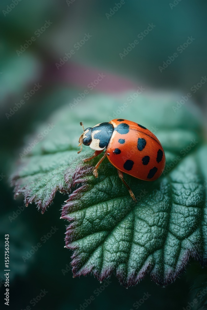 Fototapeta premium Vivid ladybug with black spots on a textured green leaf