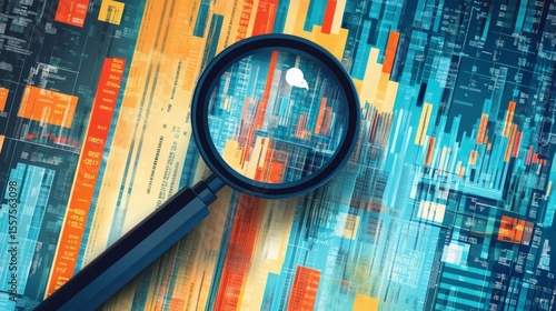 Magnifying glass over digital data streams; analyzing information, technology, and communication concepts.
