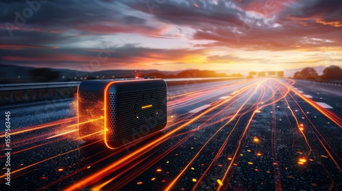 A portable speaker on a vibrant sunset road.
