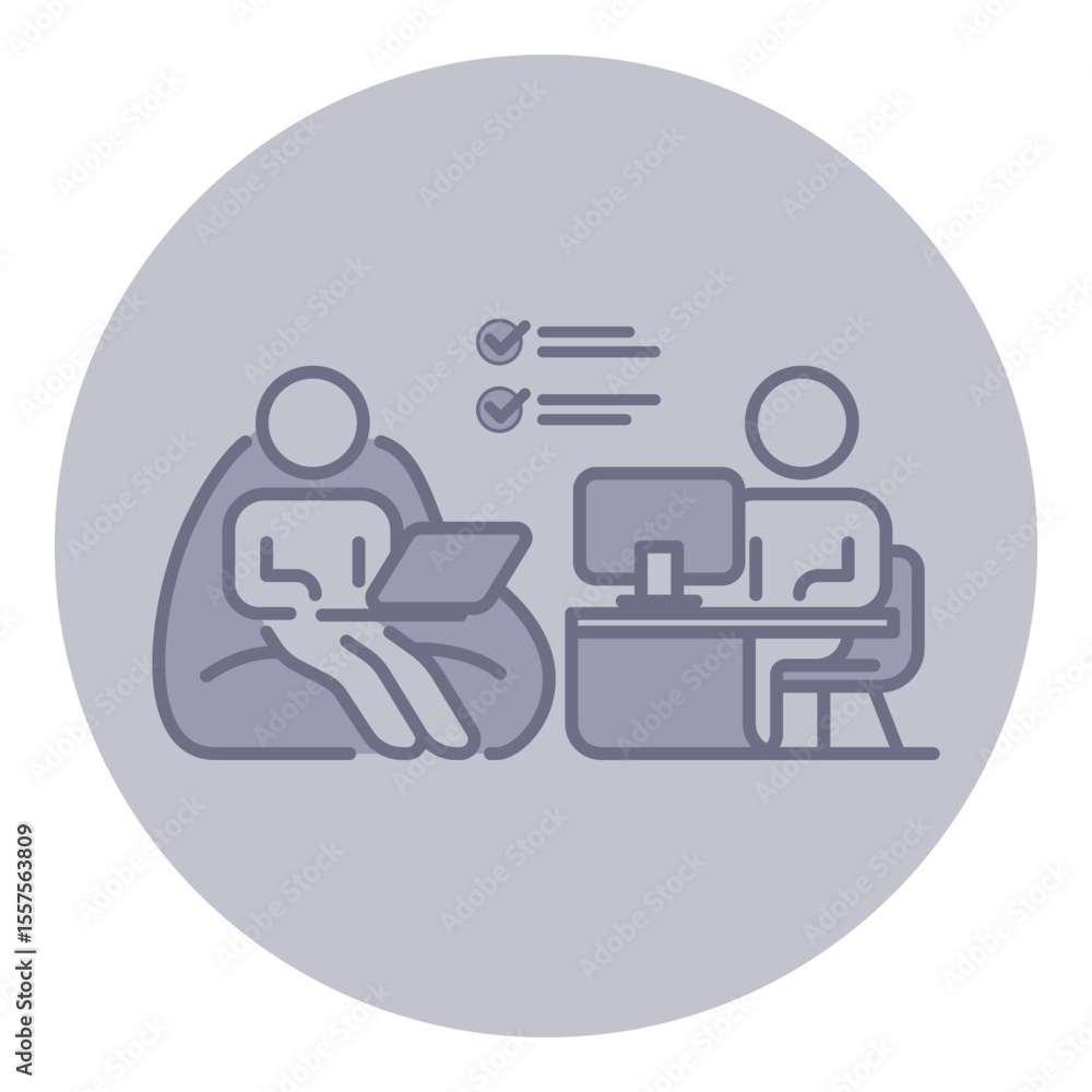 Fototapeta premium Two figures engaged in work environment focused on collaboration and task management. One figure seated on beanbag using laptop, while other working at desk with monitor