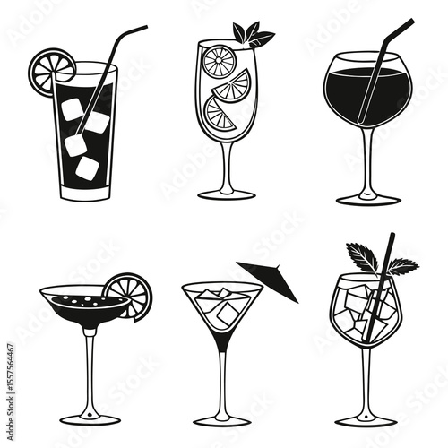 Cocktail Glass Icon Collection – Line Art and Silhouette Vector Style.AI/EPS/PNG/JPEG