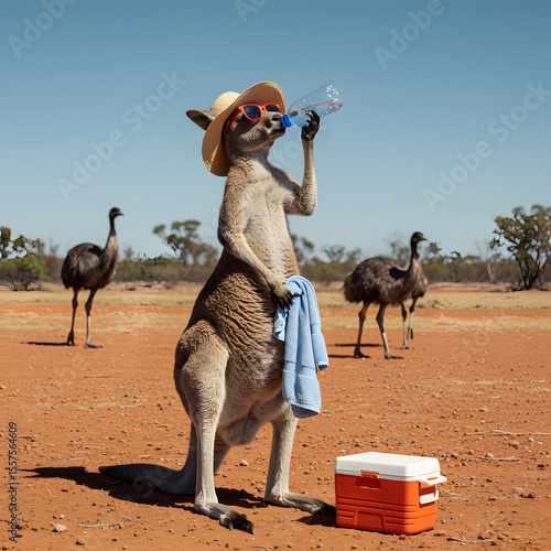 Fototapeta Naklejka Na Ścianę i Meble -  Kangaroo wearing a hat and sunglasses drinks water in the australian outback