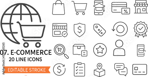 A comprehensive collection of 20 editable stroke line icons representing various aspects of e commerce and online shopping for digital use