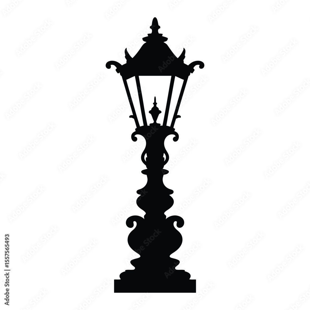 Obraz premium Ornate Bridge Lamp Silhouette, Vector, Illustration, Outline, Line Art, Icon, Logo, White Background.