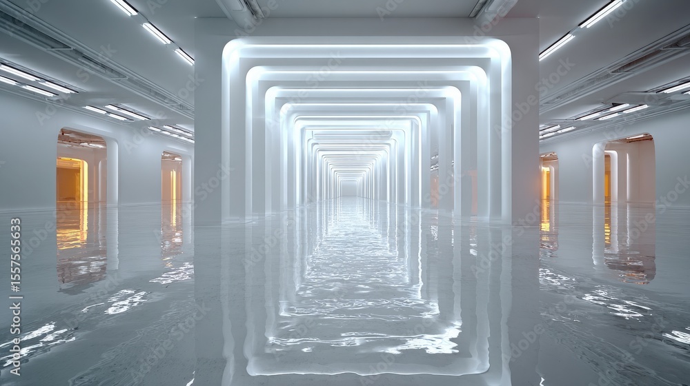 Futuristic Glowing Hallway with Reflective Floor Futuristic Glowing Hallway with Reflective Floor