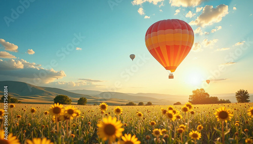 Scenic hot air balloon flight above a sunflower field at sunset with a breathtaking view