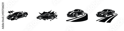 Side view of a racing sports car tearing down track Isolated on White Background