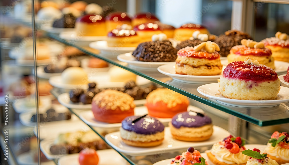 A variety of sweet pastries and cakes displayed on glass shelves in the pastry shop A variety of sweet pastries and cakes displayed on glass shelves in the pastry shop