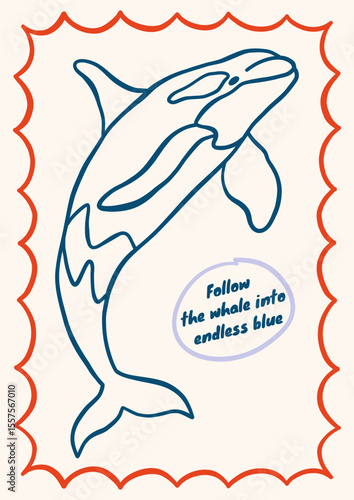 Outline killer whale vector illustration. Minimalist retro sea poster design with ocean animal in whimsical frame